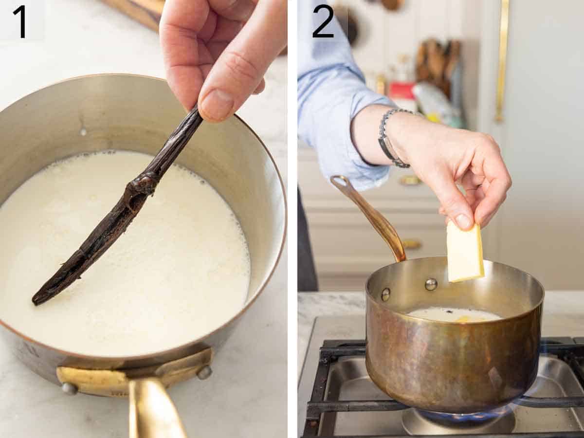 Set of two photos showing a vanilla bean and butter added to a saucepan.