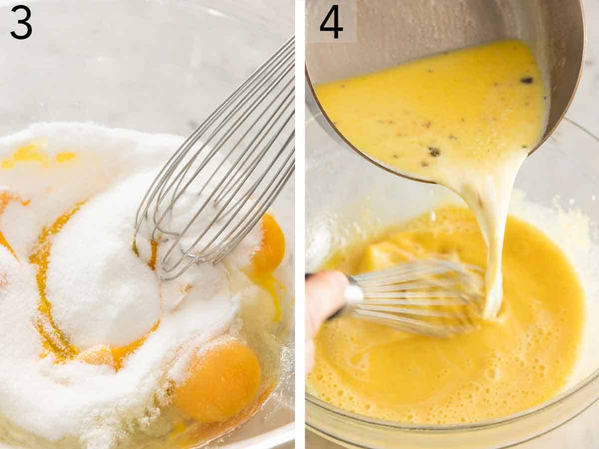 Set of two photos showing sugar whisked into eggs and combined with the vanilla bean mixture.