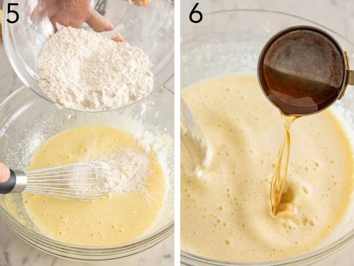 Set of two photos showing flour and rum added to the wet mixture.