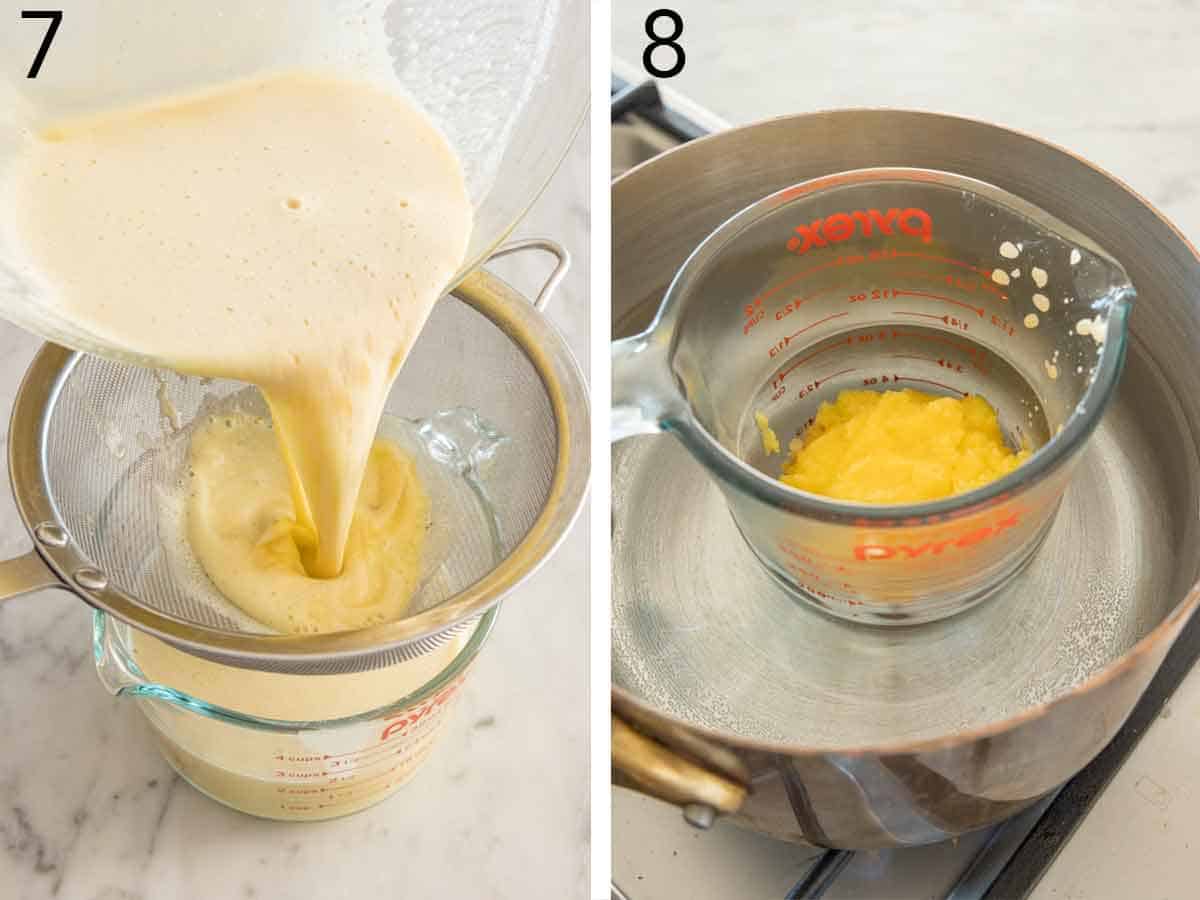 Set of two photos showing the wet mixture strained into a measuring cup and butter and beeswax melting in another measuring cup in a pot of water.