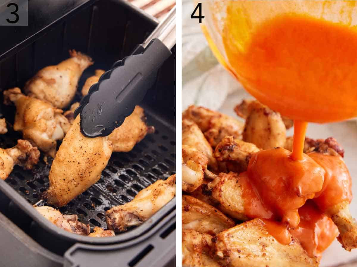 Set of two photos showing wings in the air fryer flipped and tossed in buffalo sauce.