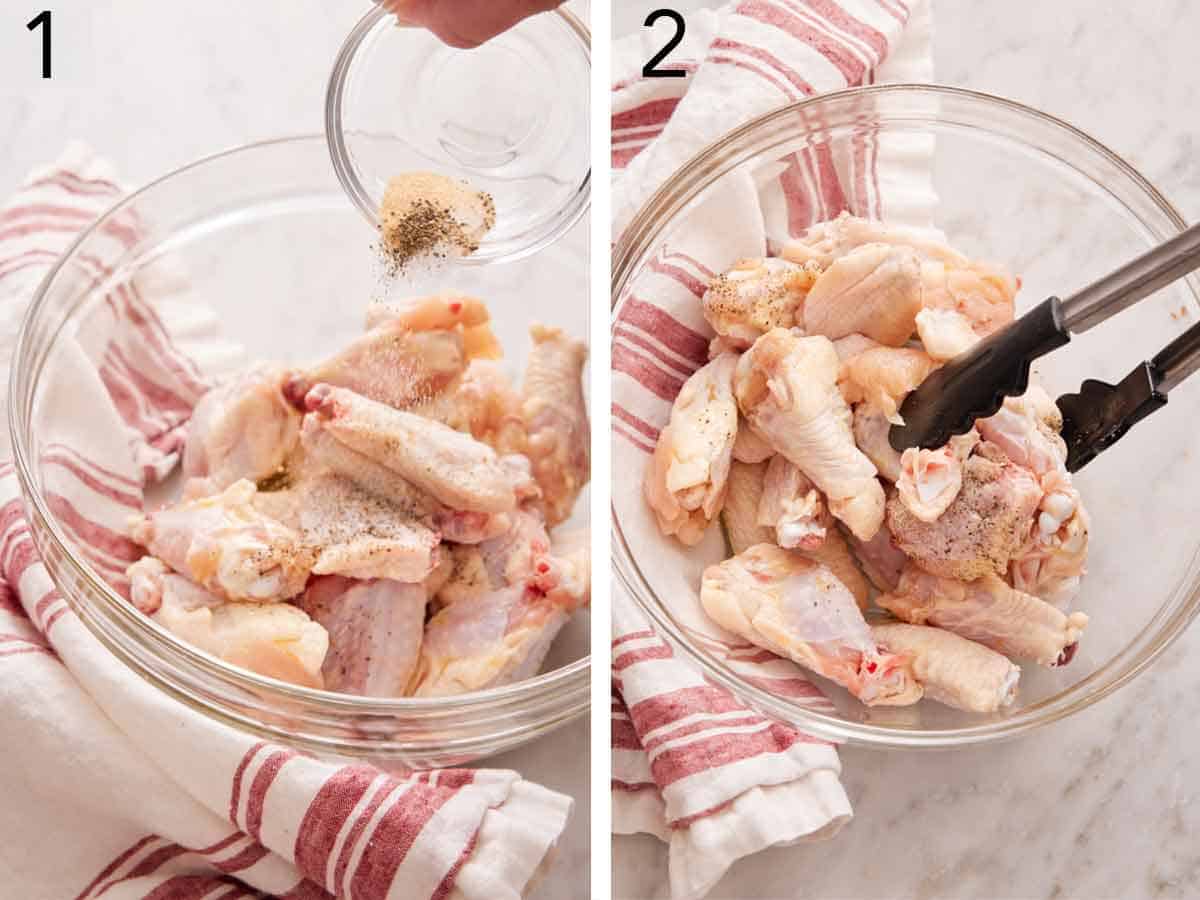 Set of two photos showing seasoning added to the chicken and tossed to combine.