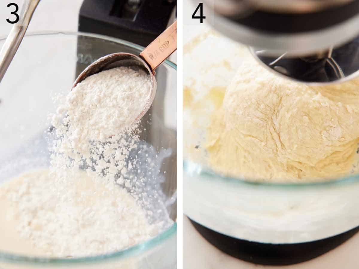 Set of two photos showing flour added to a mixer's bowl and mixed together.