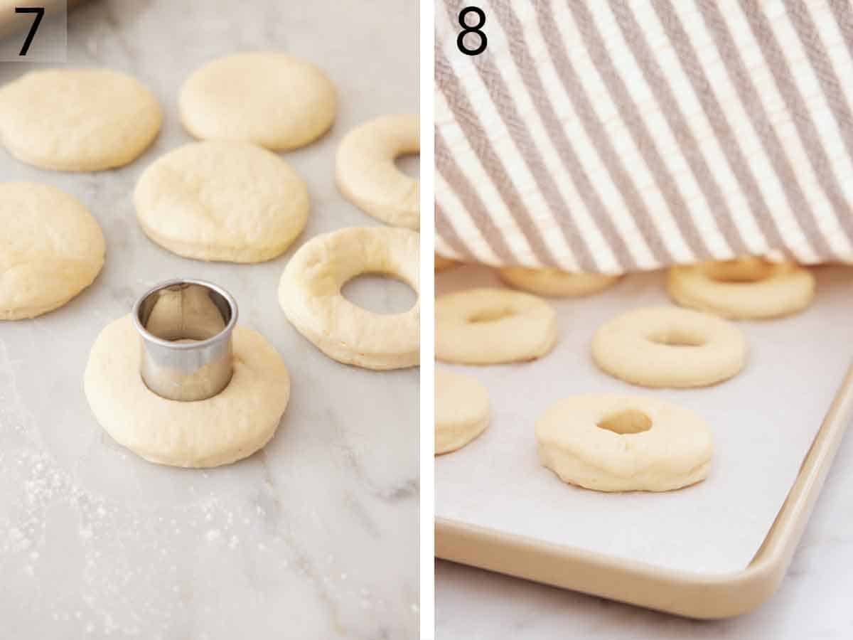 Set of two photos showing donut dough cut and then covered to proof.
