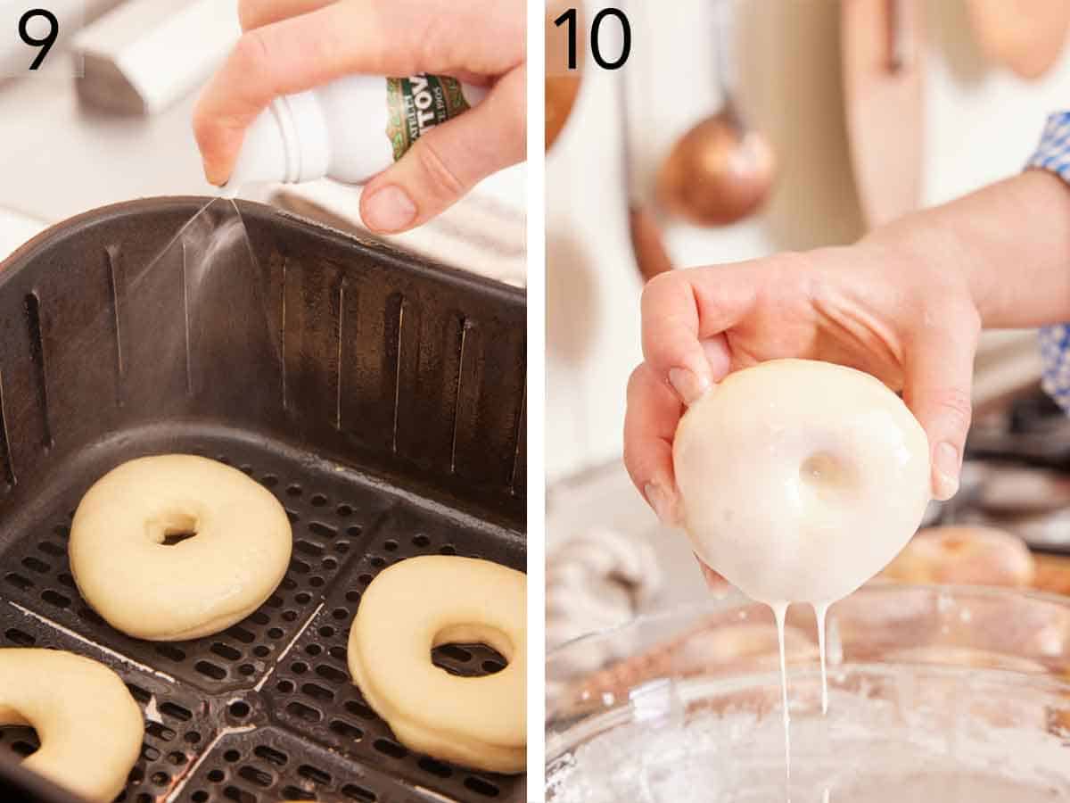 Set of two photos showing donut dough sprayed with oil in the air fryer basket and then dipped in glaze.