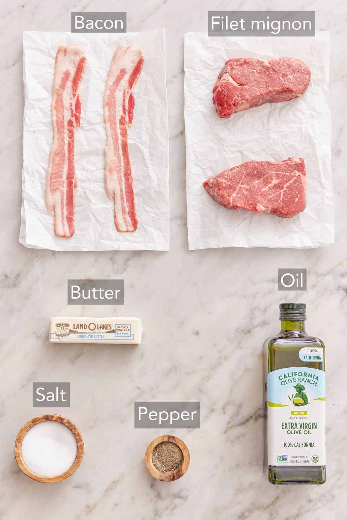 Ingredients needed to make bacon wrapped filet mignon.