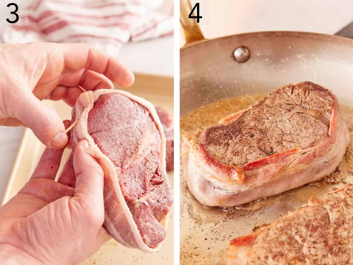 Set of two photos showing a toothpick securing the bacon onto the steak and then pan fried.