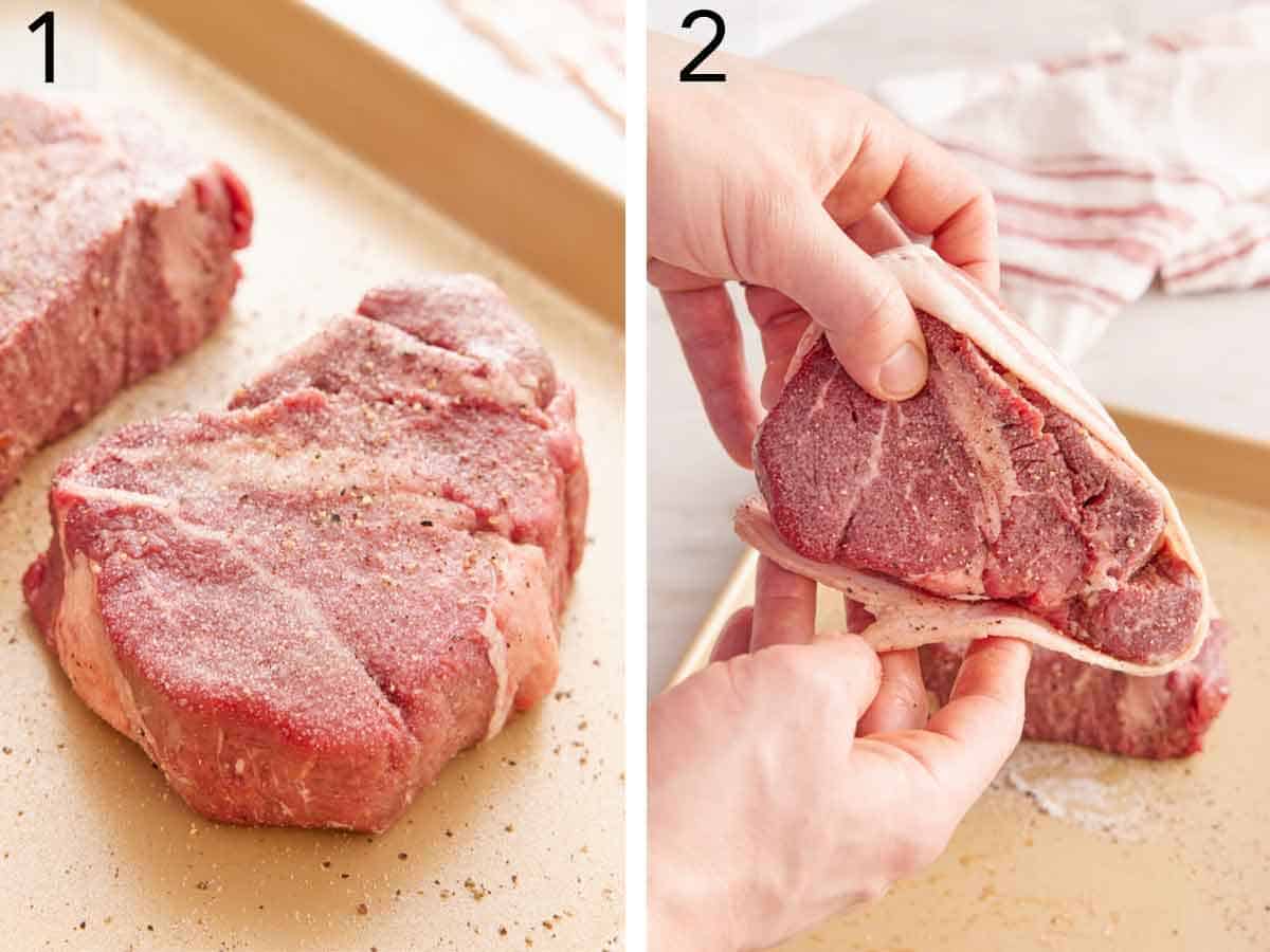 Set of two photos showing steak seasoned and wrapped with bacon.