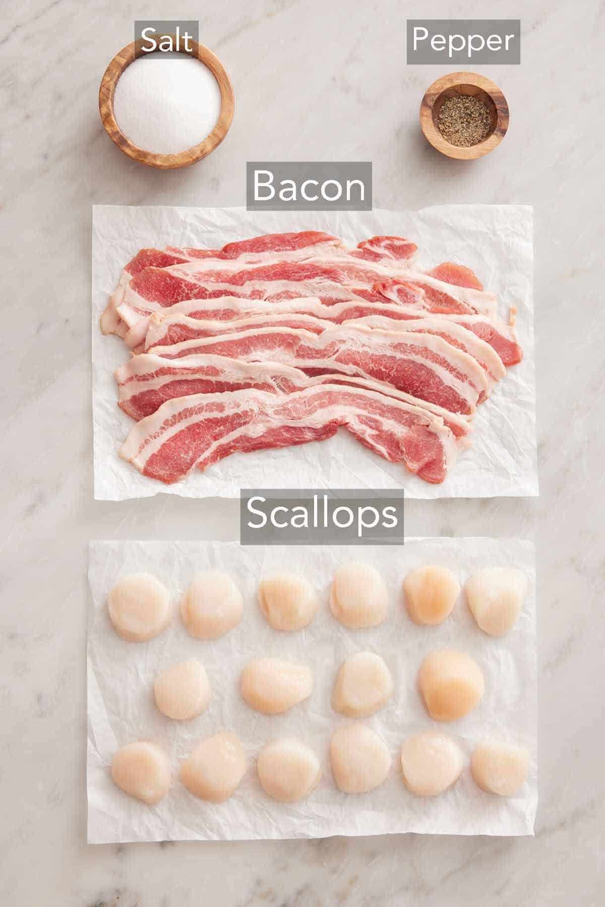 Ingredients needed to make bacon wrapped scallops.