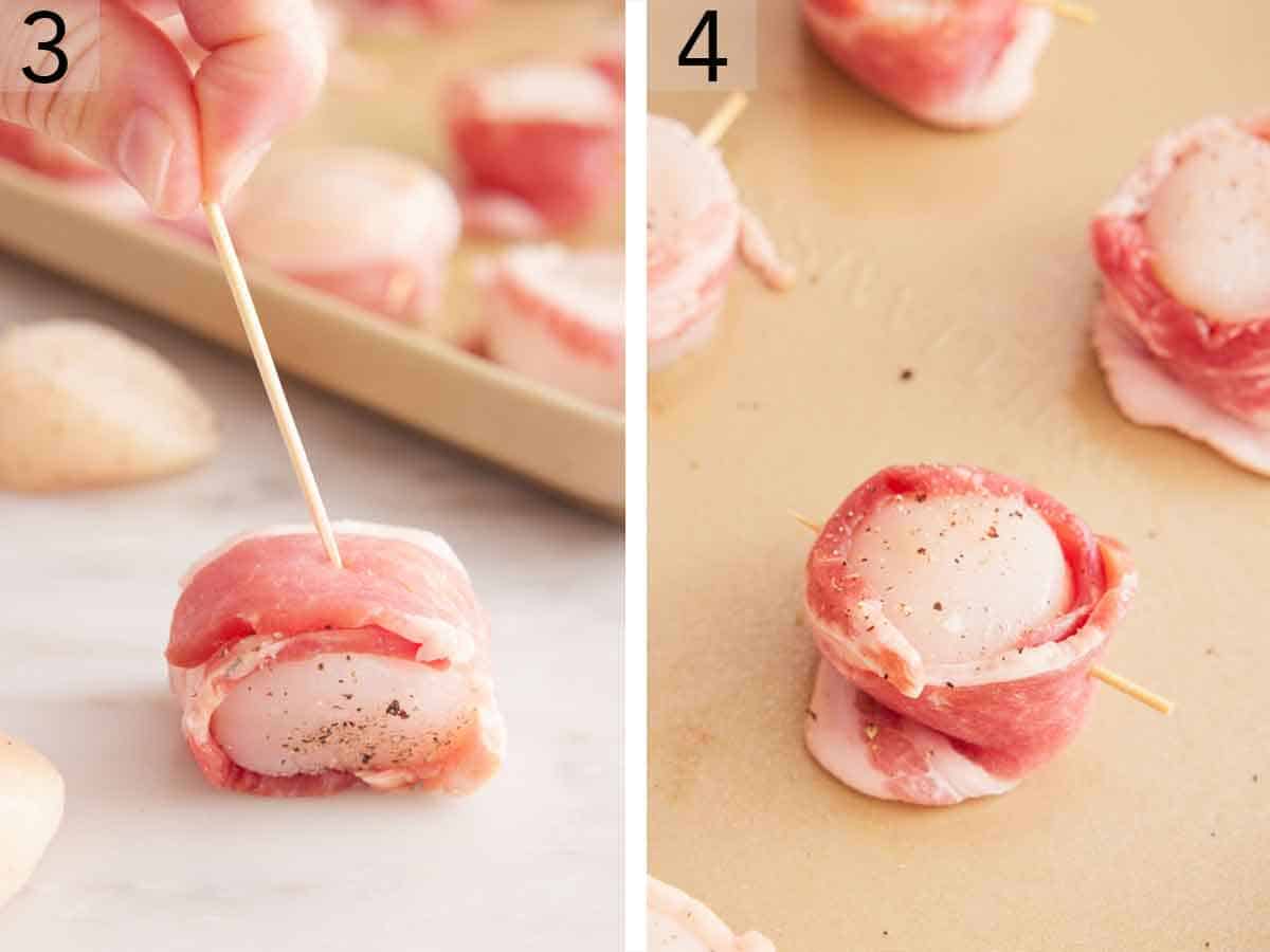 Set of two photos showing a toothpick placed into a bacon wrapped scallop and transferred to a sheet pan.