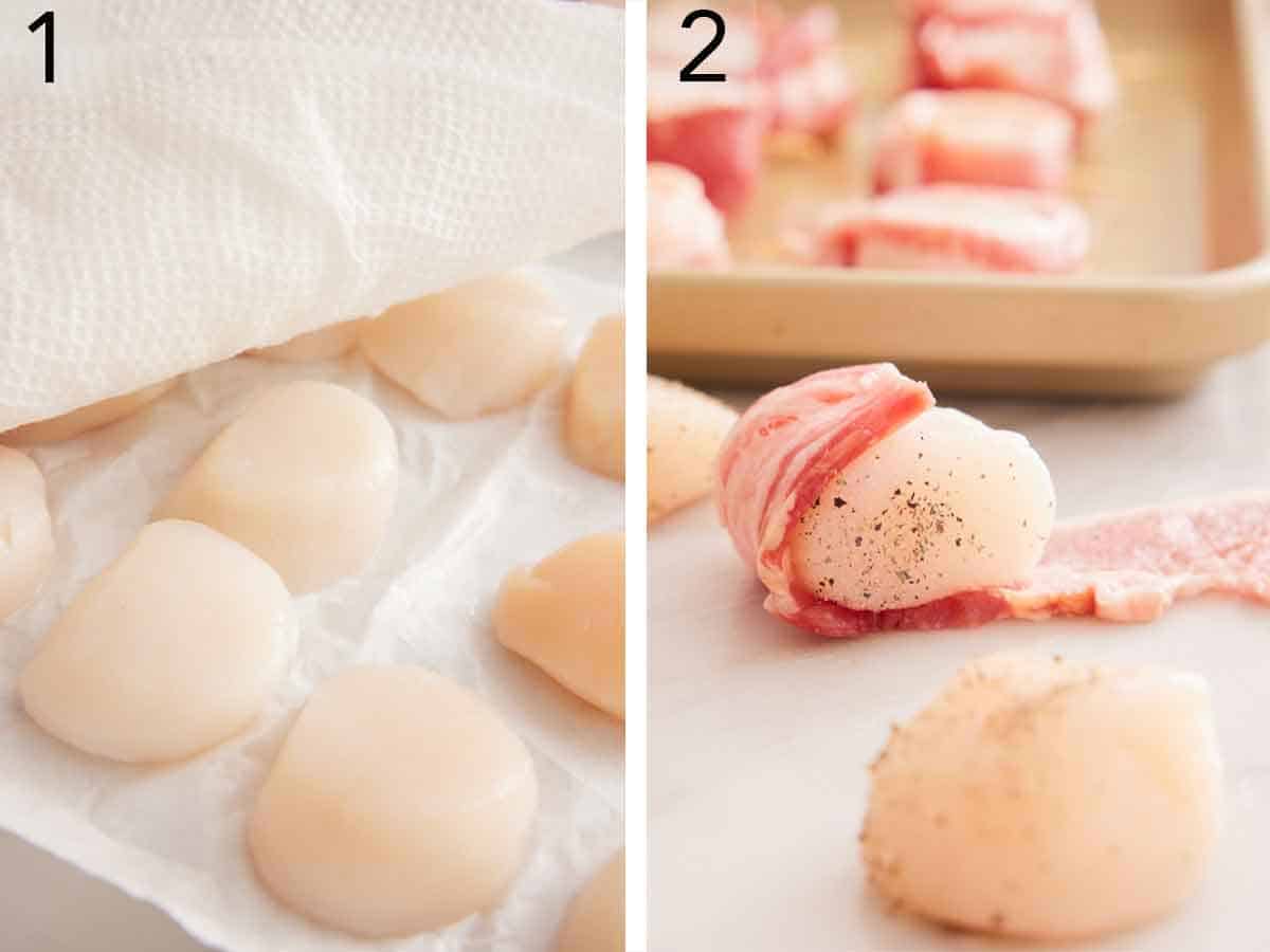 Set of two photos showing paper towels patting dry multiple scallops and then rolled in bacon.