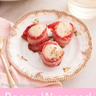 Pinterest graphic of a plate with three bacon wrapped scallops with a glass of wine in the back.