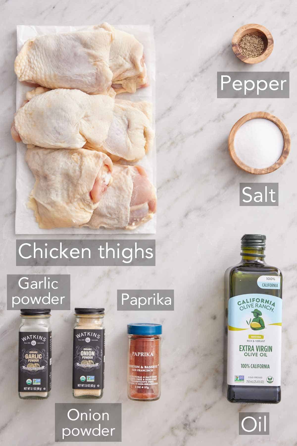 Ingredients needed to make baked chicken thighs.
