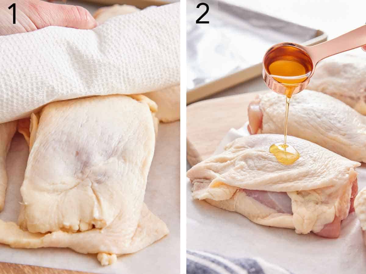 Set of two photos showing chicken thighs patted dry with a paper towel and oil poured on top.