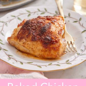 Pinterest graphic of a plate with a baked chicken thigh and a fork on a plate.