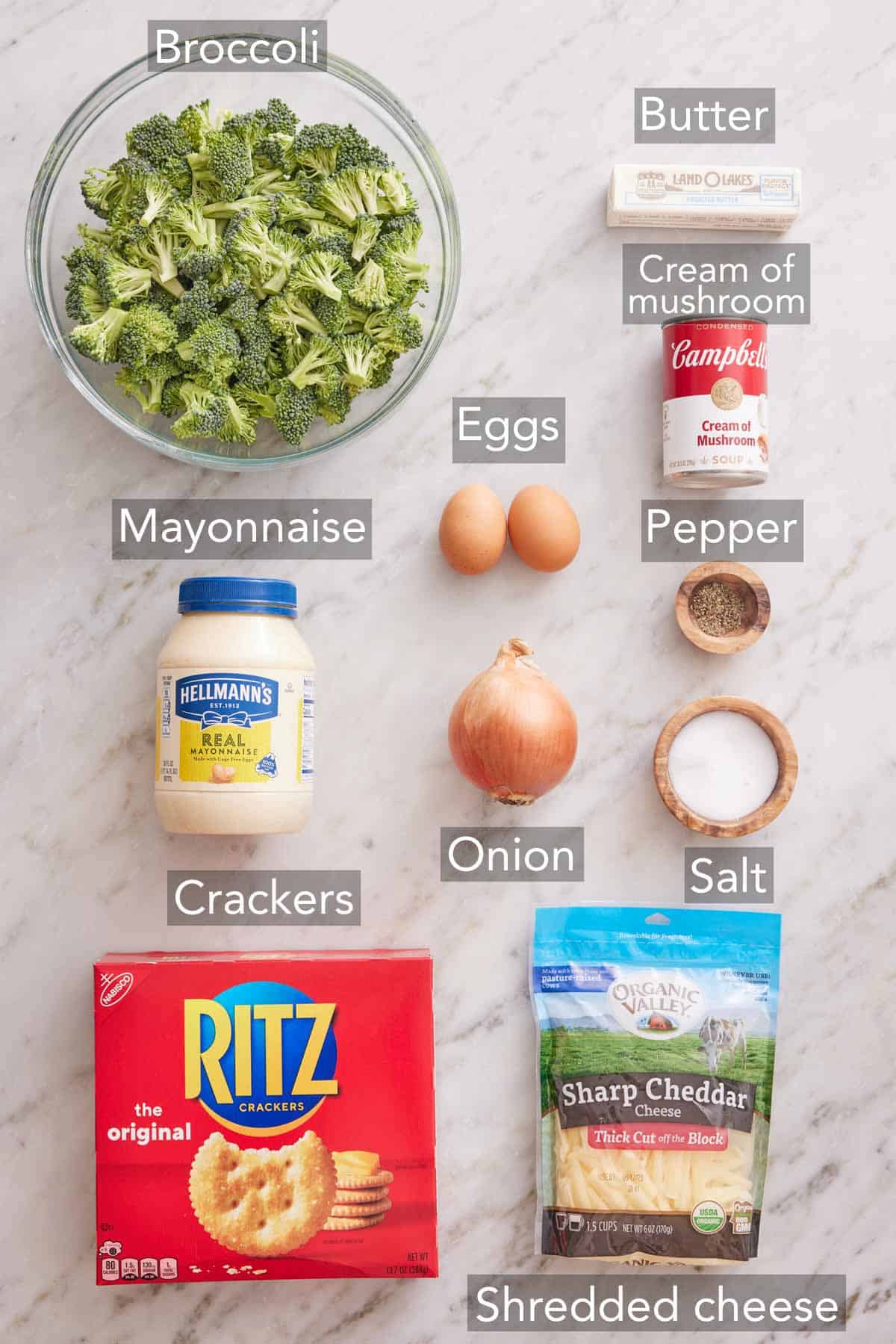 Ingredients needed to make broccoli casserole.
