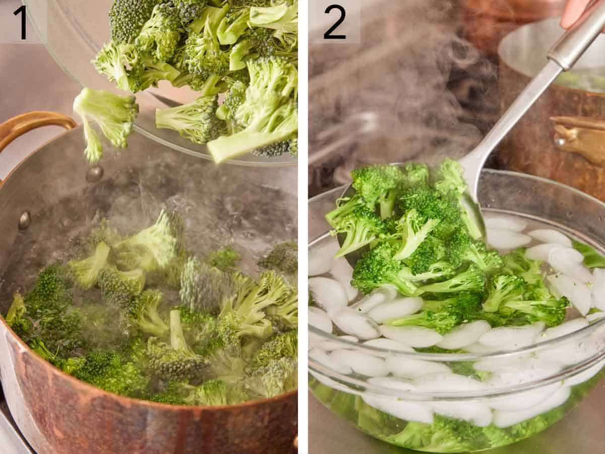 Set of two photos showing broccoli added to a pot of water then transferred to ice water.