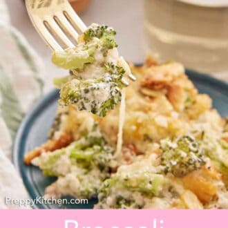 Pinterest graphic of a forkful of broccoli casserole lifted from a plate with a glass of wine in the background.