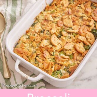 Pinterest graphic of an overhead view of a baked broccoli casserole dish.
