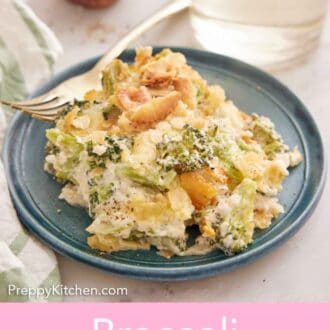 Pinterest graphic of a plate with a serving of broccoli casserole with a fork beside it.