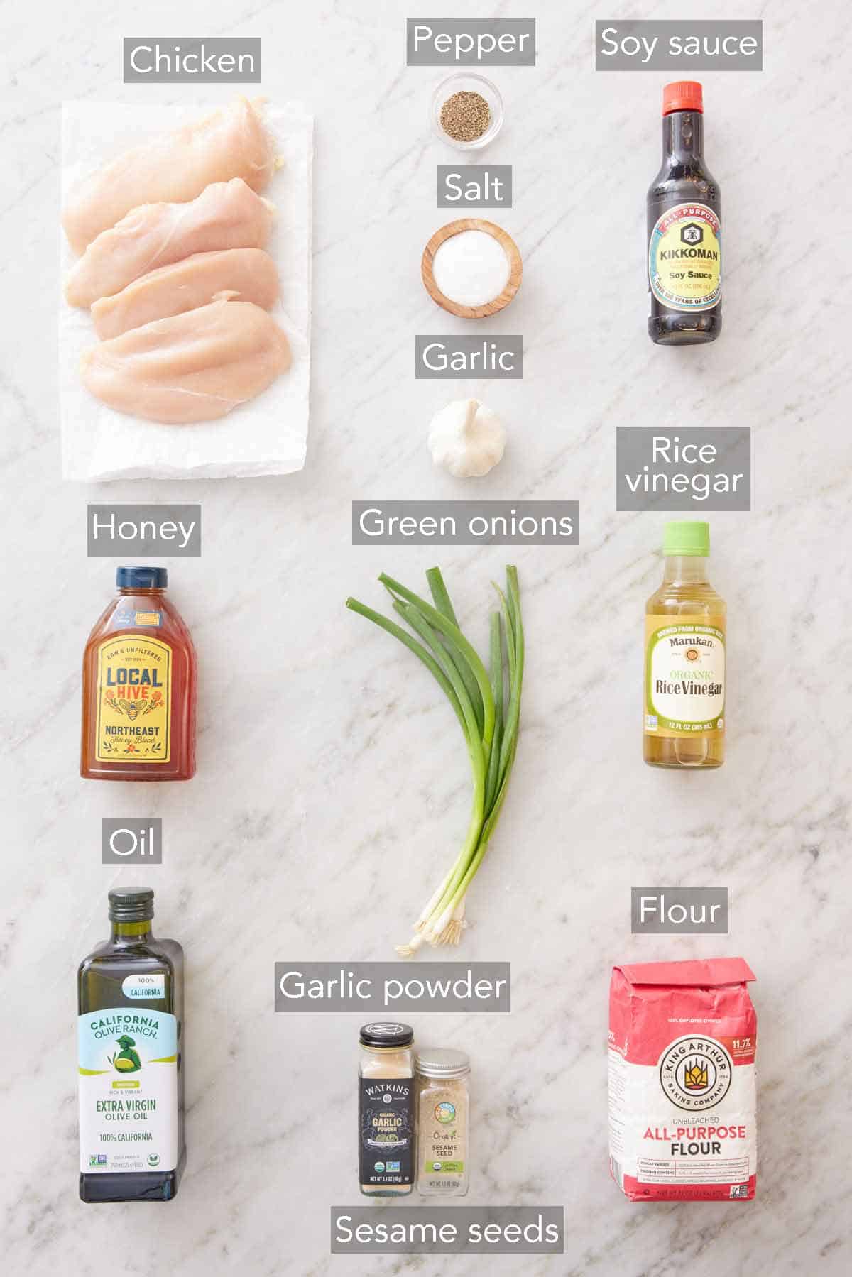 Ingredients needed to make honey garlic chicken.
