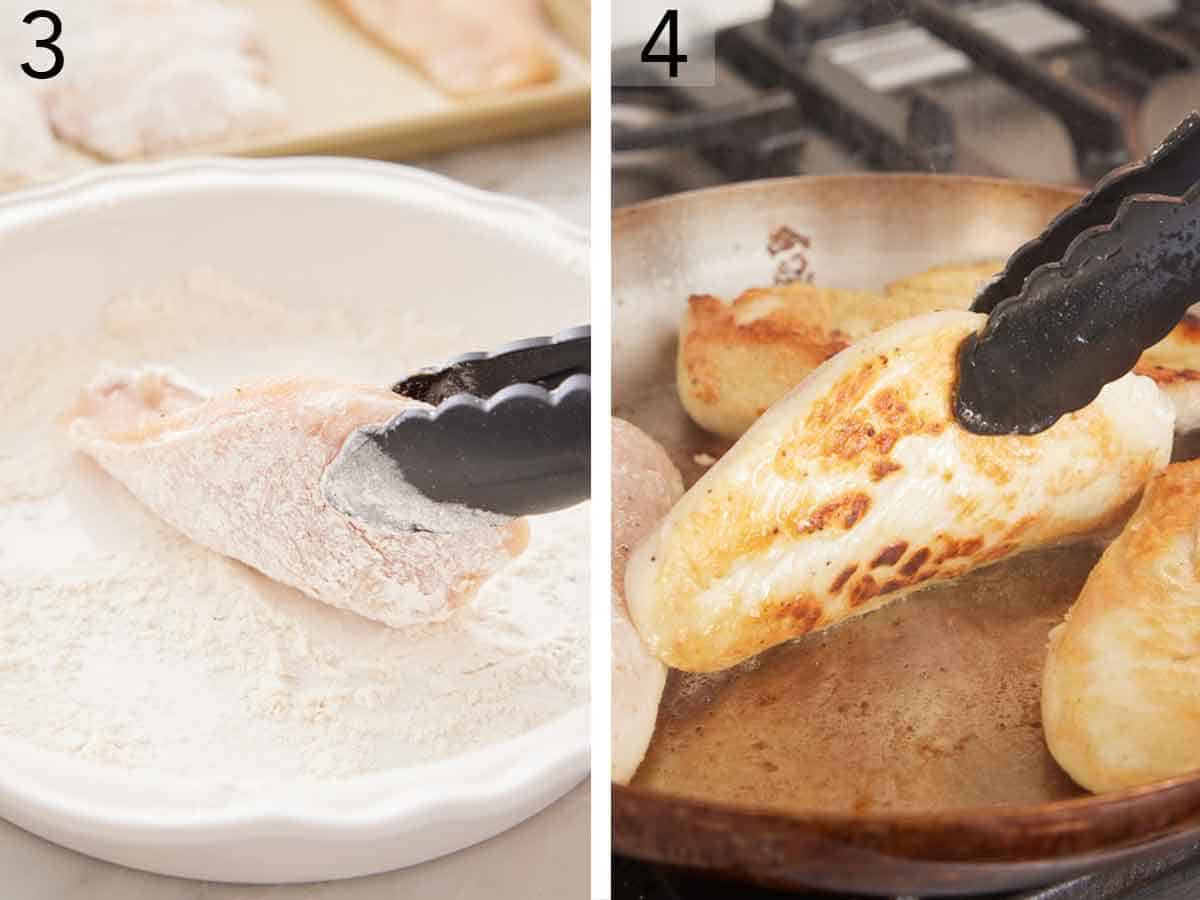 Set of two photos showing chicken coated in flour and seared in a skillet.