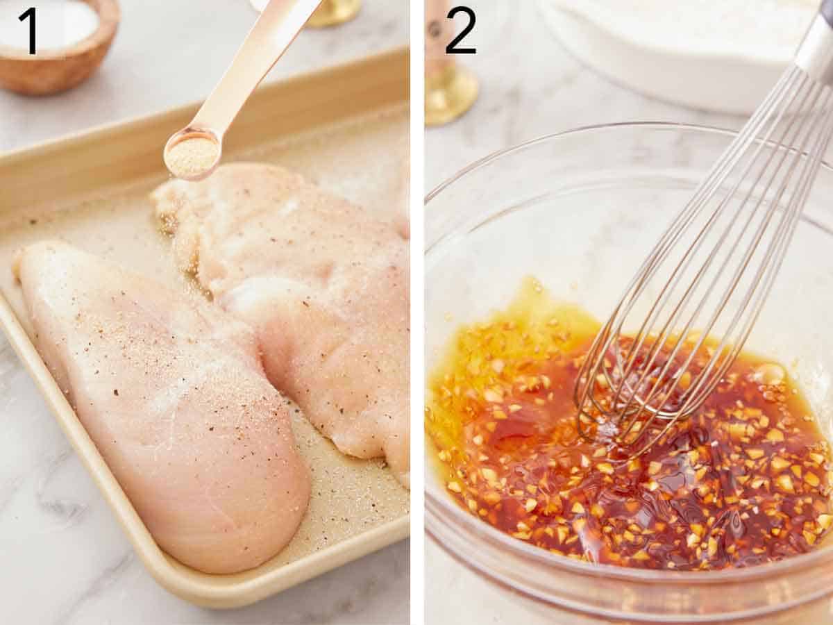 Set of two photos showing chicken breasts seasoned on a sheet pan and sauce whisked together in a bowl.