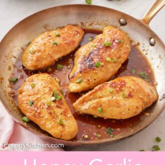 Pinterest graphic of a skillet of honey garlic chicken with a cutting board with green onions and a bowl of rice in the background.
