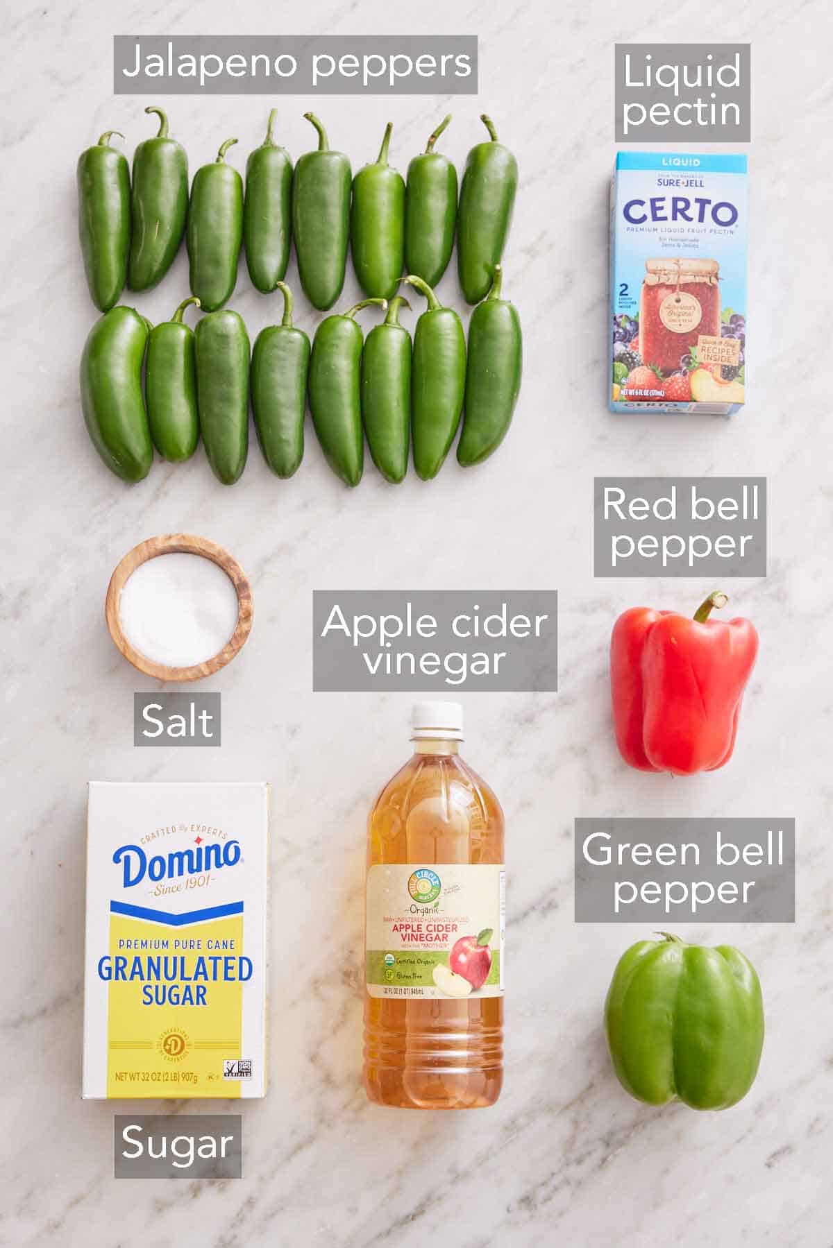 Ingredients needed to make jalapeno jelly.