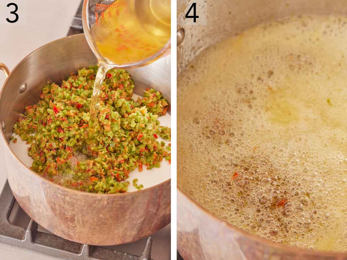 Set of two photos showing vinegar added to a pot with the diced peppers and simmered.