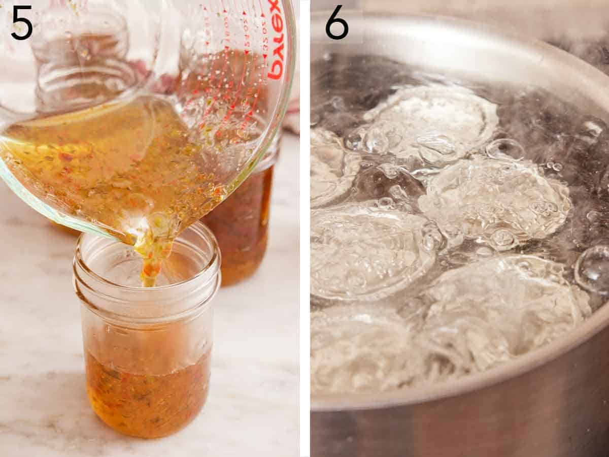 Set of two photos showing cooked jelly poured into a mason jar and then boiled in water.