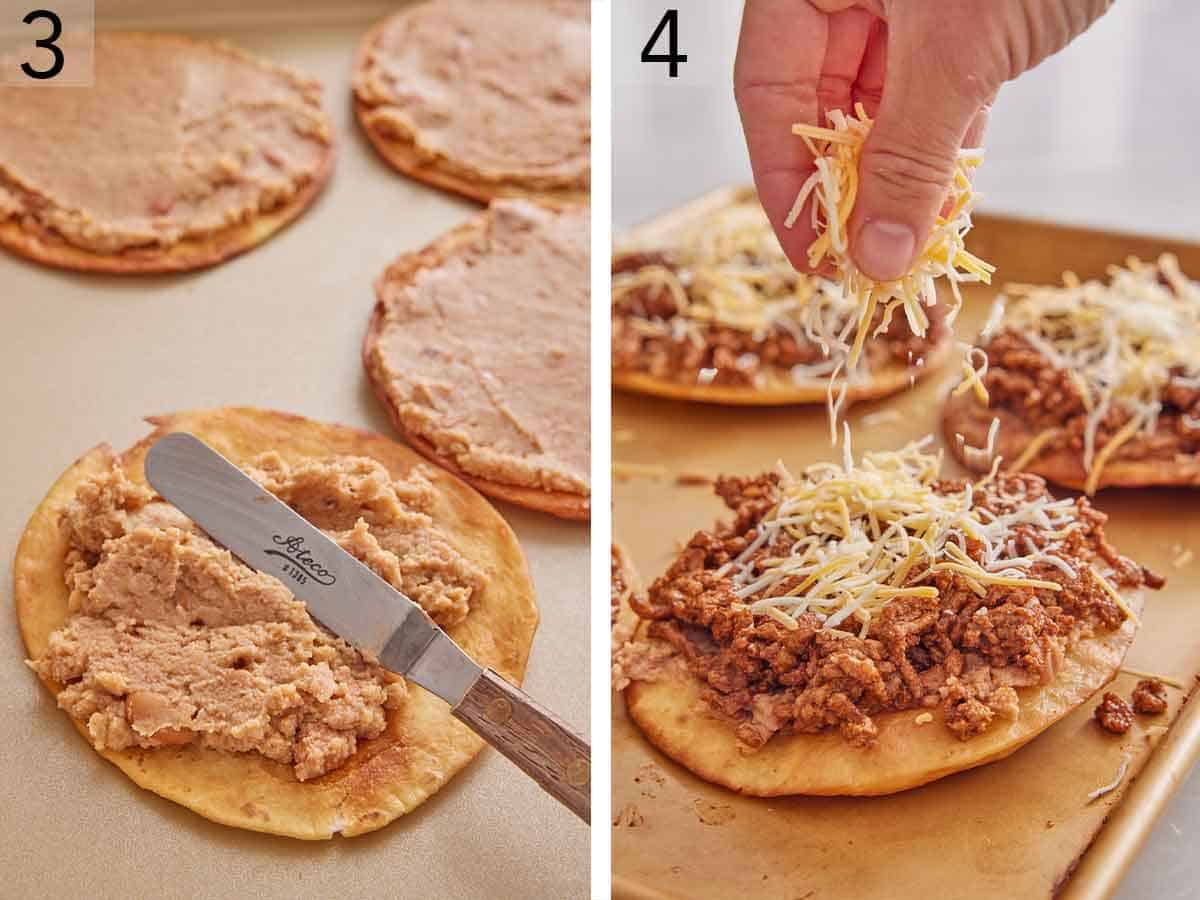 Set of two photos showing refried beams spread onto a fried tortilla and topped with beef and cheese.