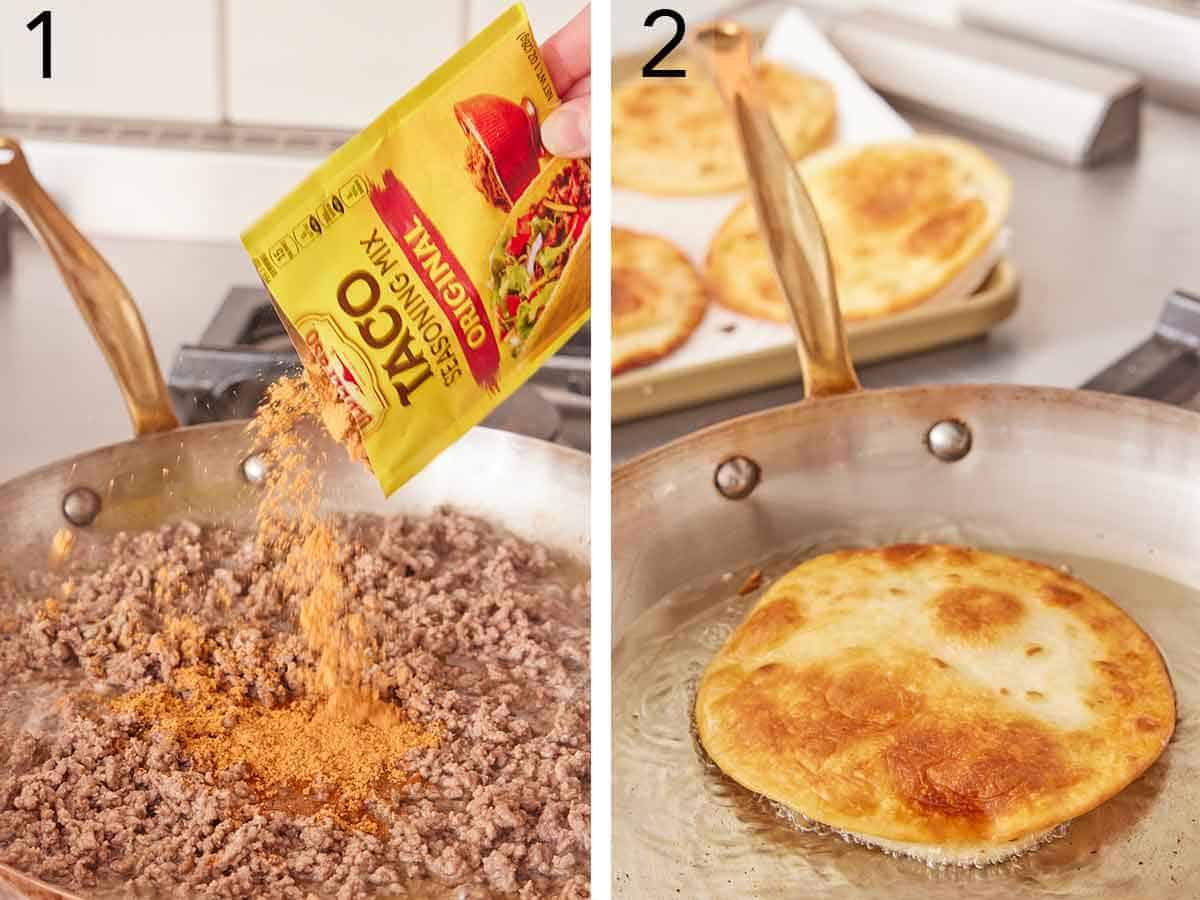 Set of two photos showing taco seasoning added to meat and tortillas fried in oil.