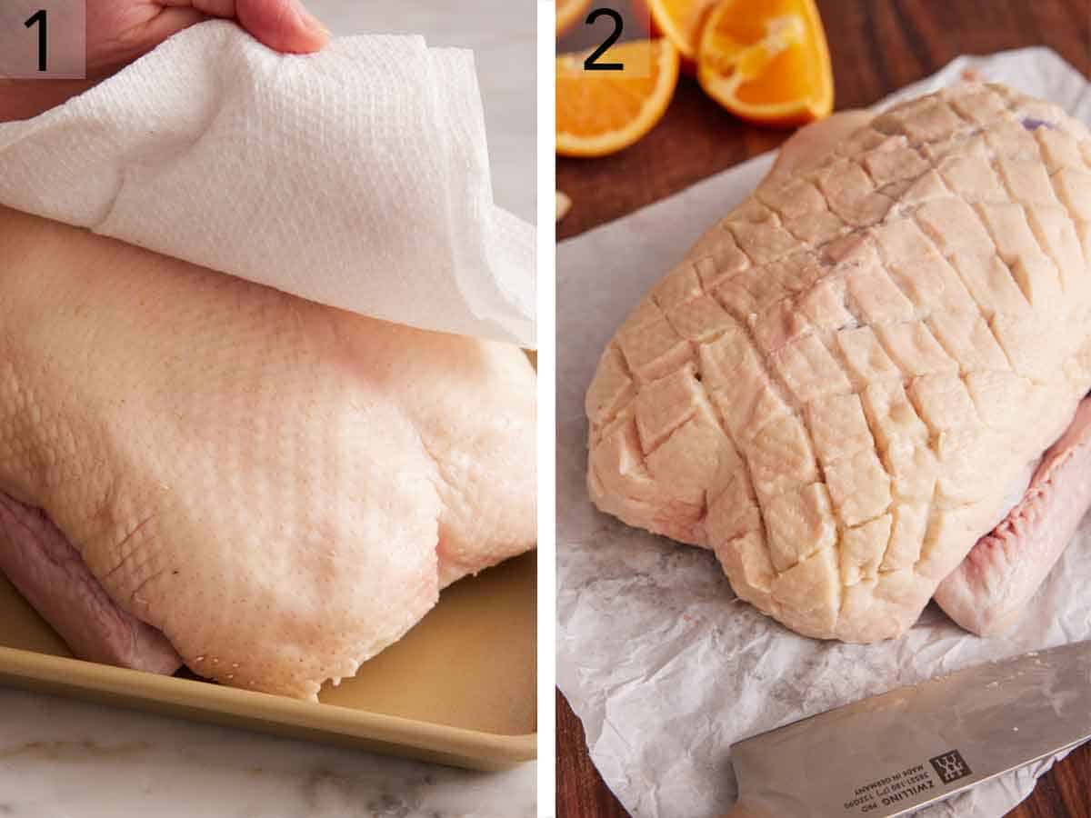 Set of two photos showing a duck patted dry with a paper towel and the skin scored with a knife.