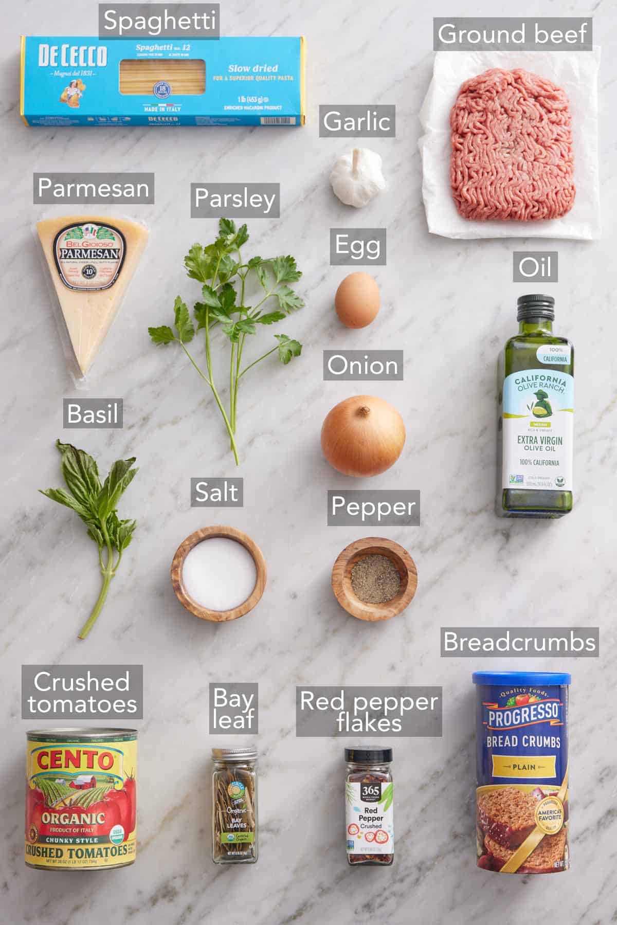 Ingredients needed to make spaghetti and meatballs.
