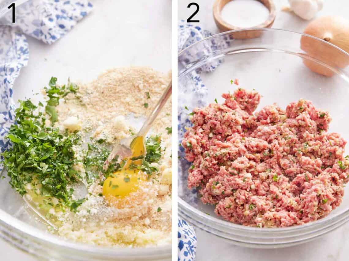Set of two photos showing meat mixture combined in a bowl.