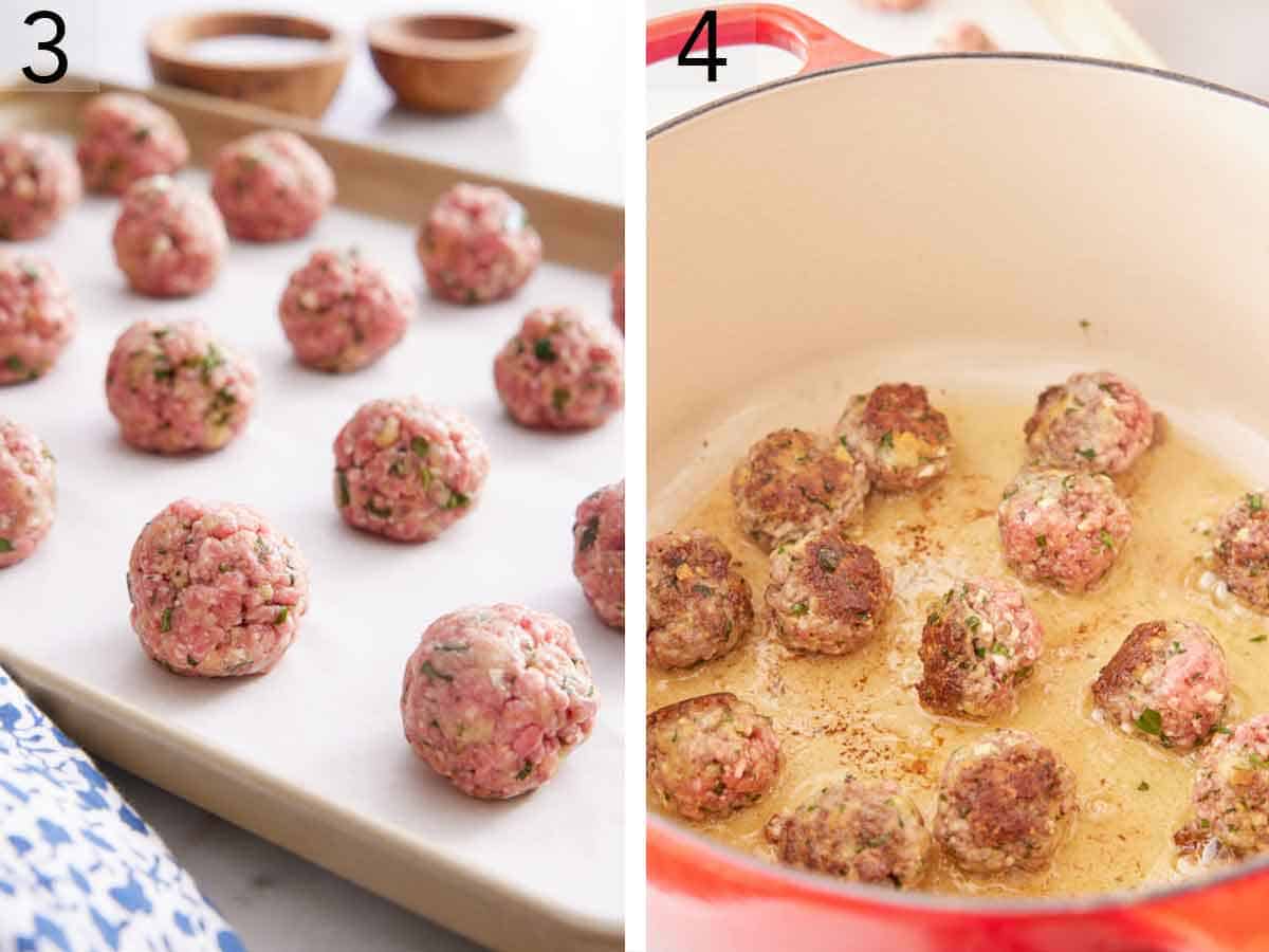 Set of two photos showing meatballs shaped and placed on a sheet pan before cooked in a Dutch oven.
