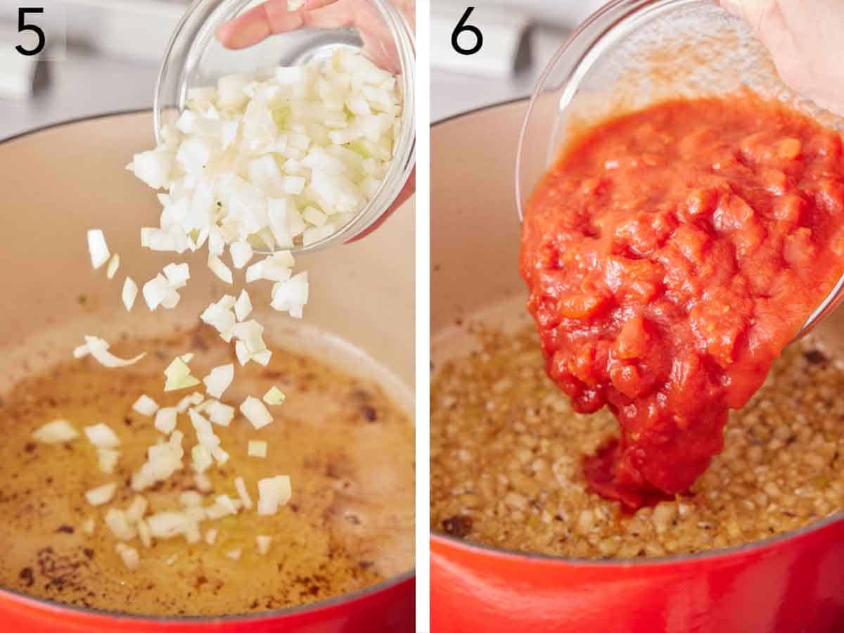 Set of two photos showing onions and crushed tomatoes added to a pot.