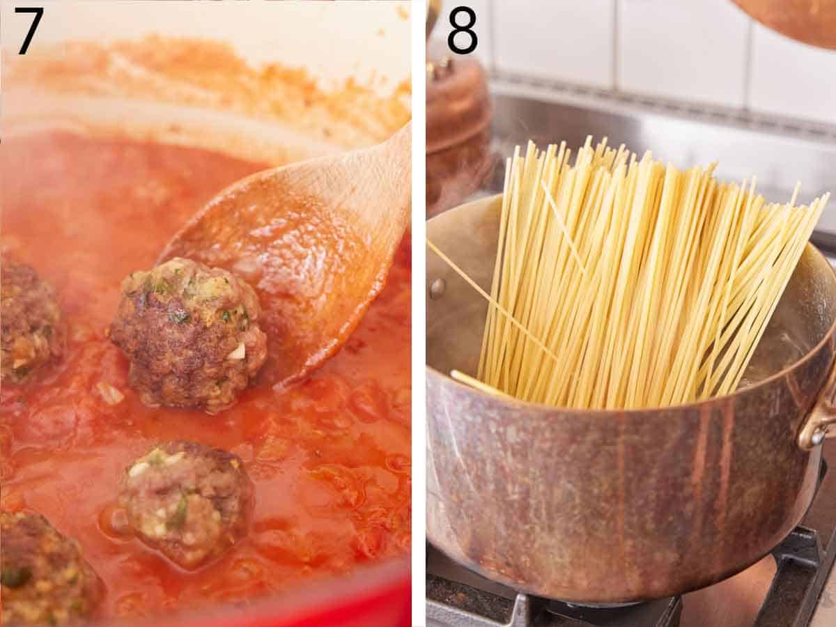Set of two photos showing meatballs added to the sauce in a pot and spaghetti added to a separate pot of water.