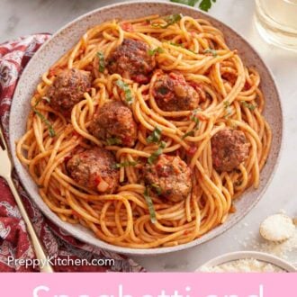 Pinterest graphic of an overhead view of a plate of spaghetti and meatballs with a fork beside it and basil on top.