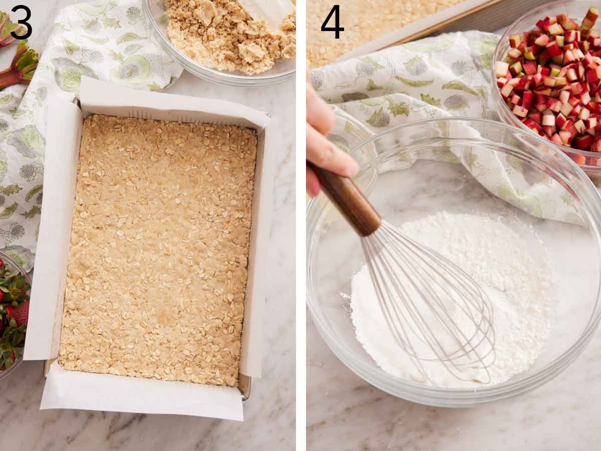 Set of two photos showing mixture pressed into a lined pan and powdered sugar whisked in a bowl.