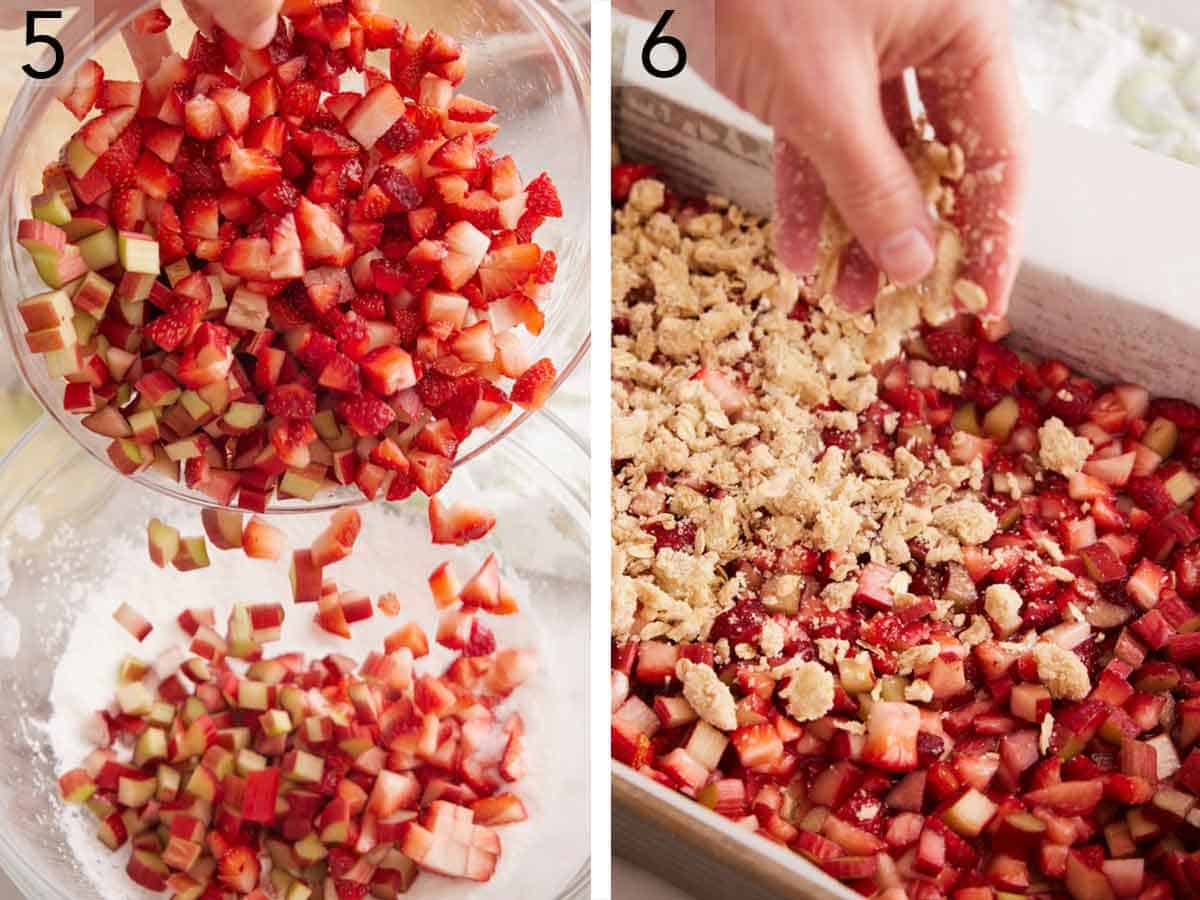 Set of two photos showing diced strawberries added to the bowl and oat mixture sprinkled on top of the strawberries added to the pan.