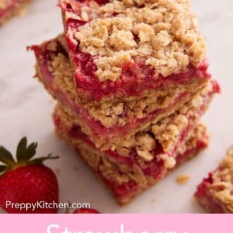 Pinterest graphic of a stack of four strawberry rhubarb bars with more scattered around it and a strawberry beside it.