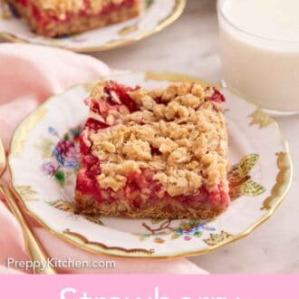 Pinterest graphic of a couple plates with strawberry rhubarb bars and a glass of milk.