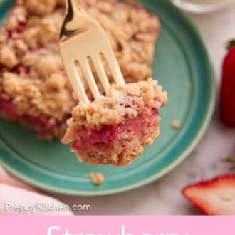Pinterest graphic of a fork holding up a bite of strawberry rhubarb bar from the plate.
