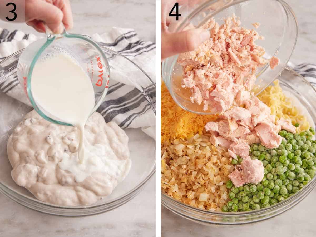 Set of two photos showing milk added to cream of mushrooms and the rest of the ingredients added to the mixture.