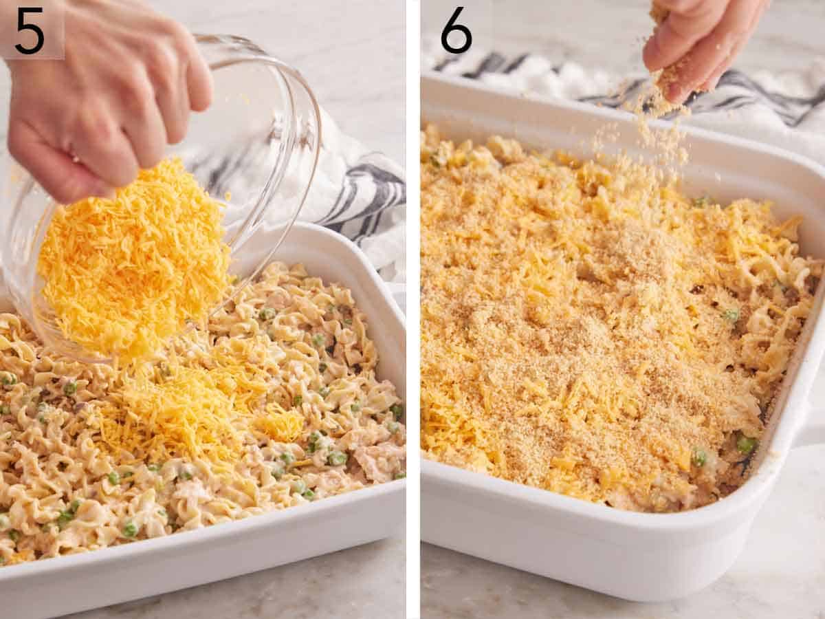 Set of two photos showing shredded cheese and breadcrumbs added on top of the tuna casserole mixture in the baking dish.