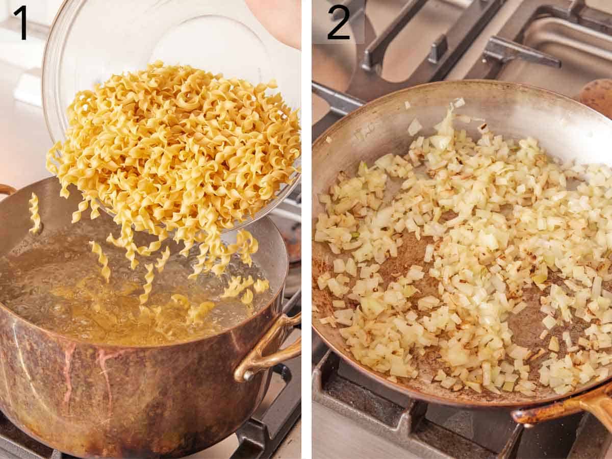Set of two photos showing egg noodles added to a pot of water and onions cooked in a skillet.
