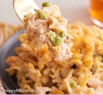 Pinterest graphic of a forkful of tuna casserole lifted from a plate.