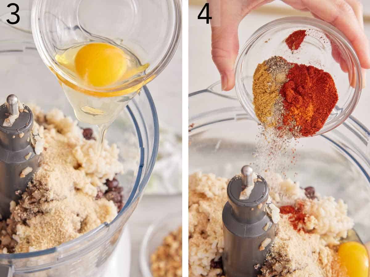 Set of two photos showing an egg and seasoning added to a food processor.